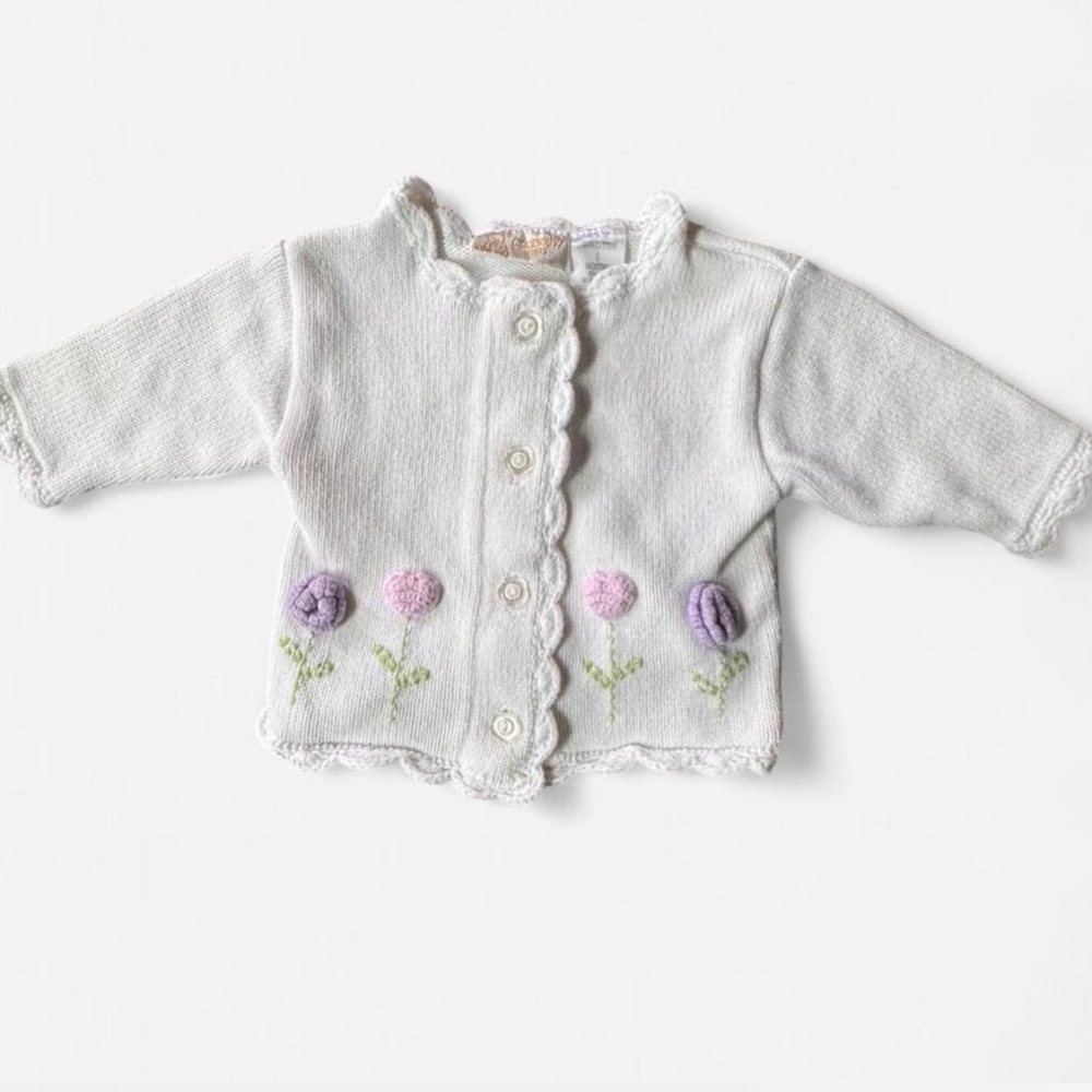 Vintage Celebrity Kids Baby Girl White Knit Cardigan Floral Embroidered 3 months